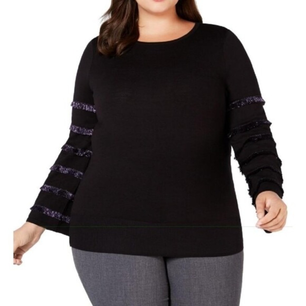Alfani Fringe Sleeve Black Purple Metallic Trim Sweater 1X Party Shimmer Glam